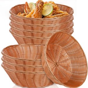 Ashenby 8 Pack Plastic Round Basket Large Gift Baskets - 10.25 Inch Woven Bread Roll and Food Serving Baskets - Food Storage Basket Bin for Kitchen