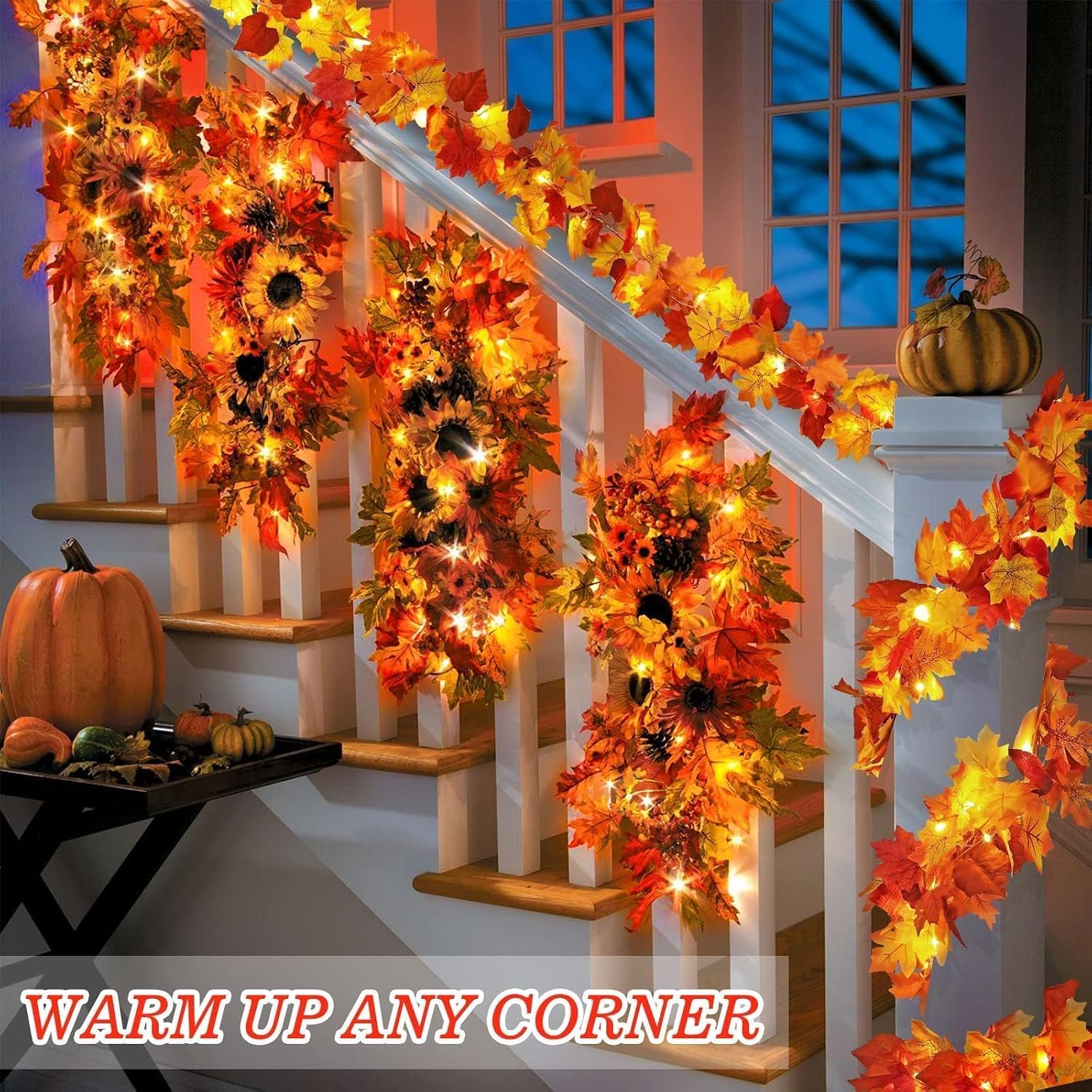 Aldernest 2 Pack Fall Leaf Garland with Lights, Battery Operated Thanksgiving Decor, Orange, Red, 11.8 Feet