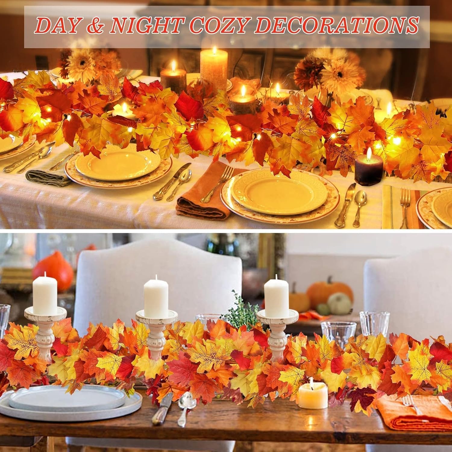 Aldernest 2 Pack Fall Leaf Garland with Lights, Battery Operated Thanksgiving Decor, Orange, Red, 11.8 Feet