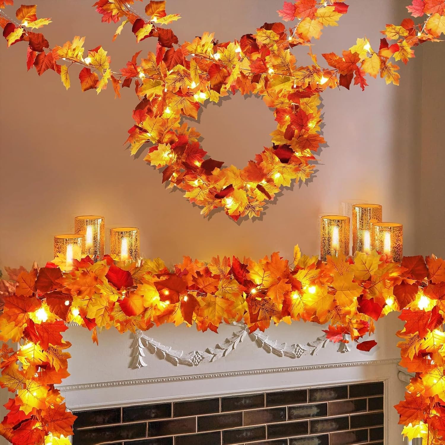 Aldernest 2 Pack Fall Leaf Garland with Lights, Battery Operated Thanksgiving Decor, Orange, Red, 11.8 Feet