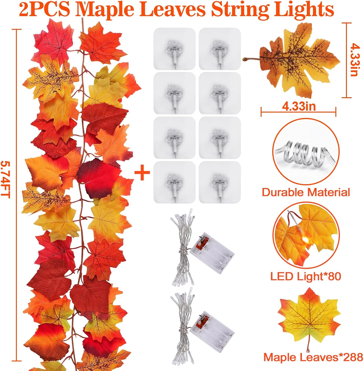 Aldernest 2 Pack Fall Leaf Garland with Lights, Battery Operated Thanksgiving Decor, Orange, Red, 11.8 Feet