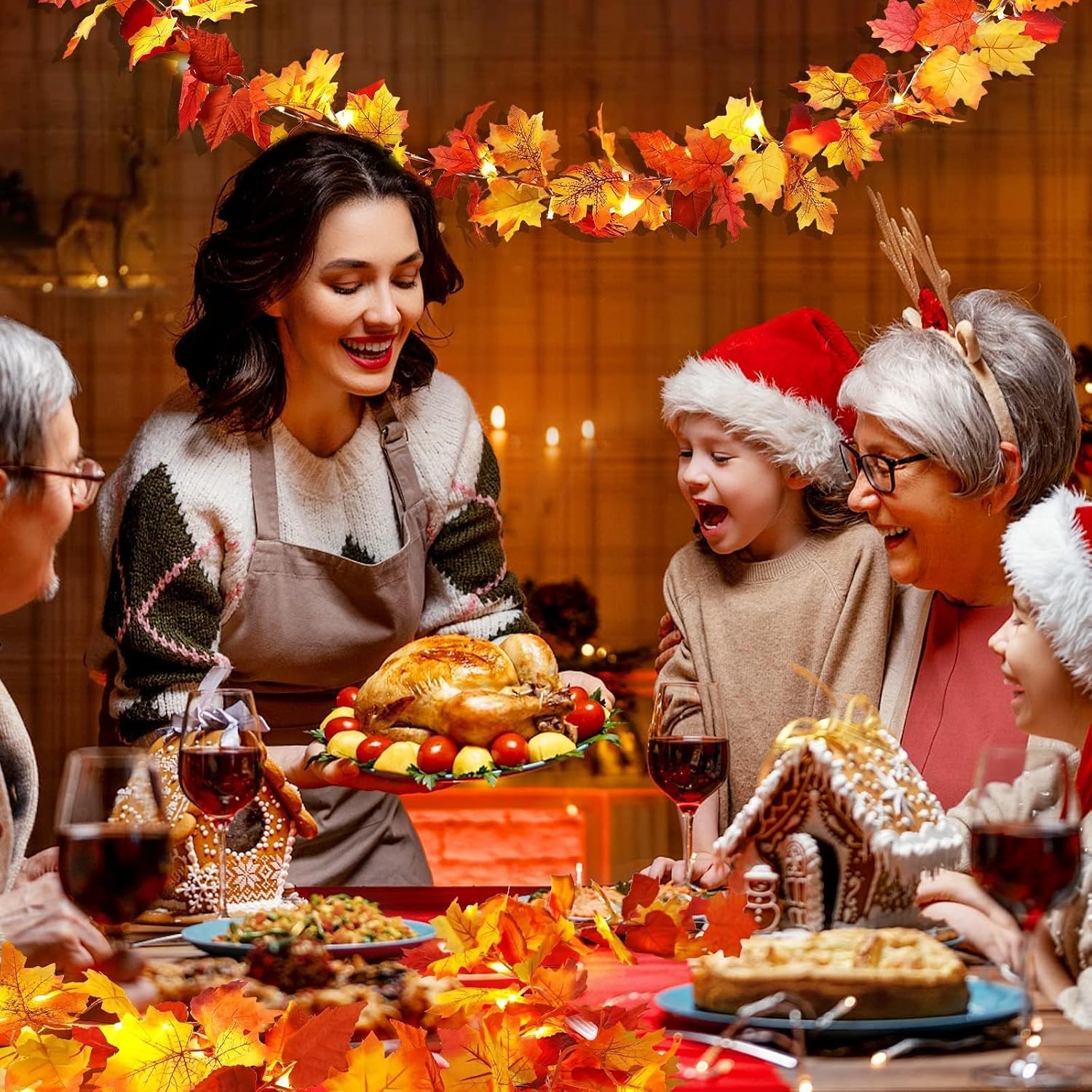 Aldernest 2 Pack Fall Leaf Garland with Lights, Battery Operated Thanksgiving Decor, Orange, Red, 11.8 Feet