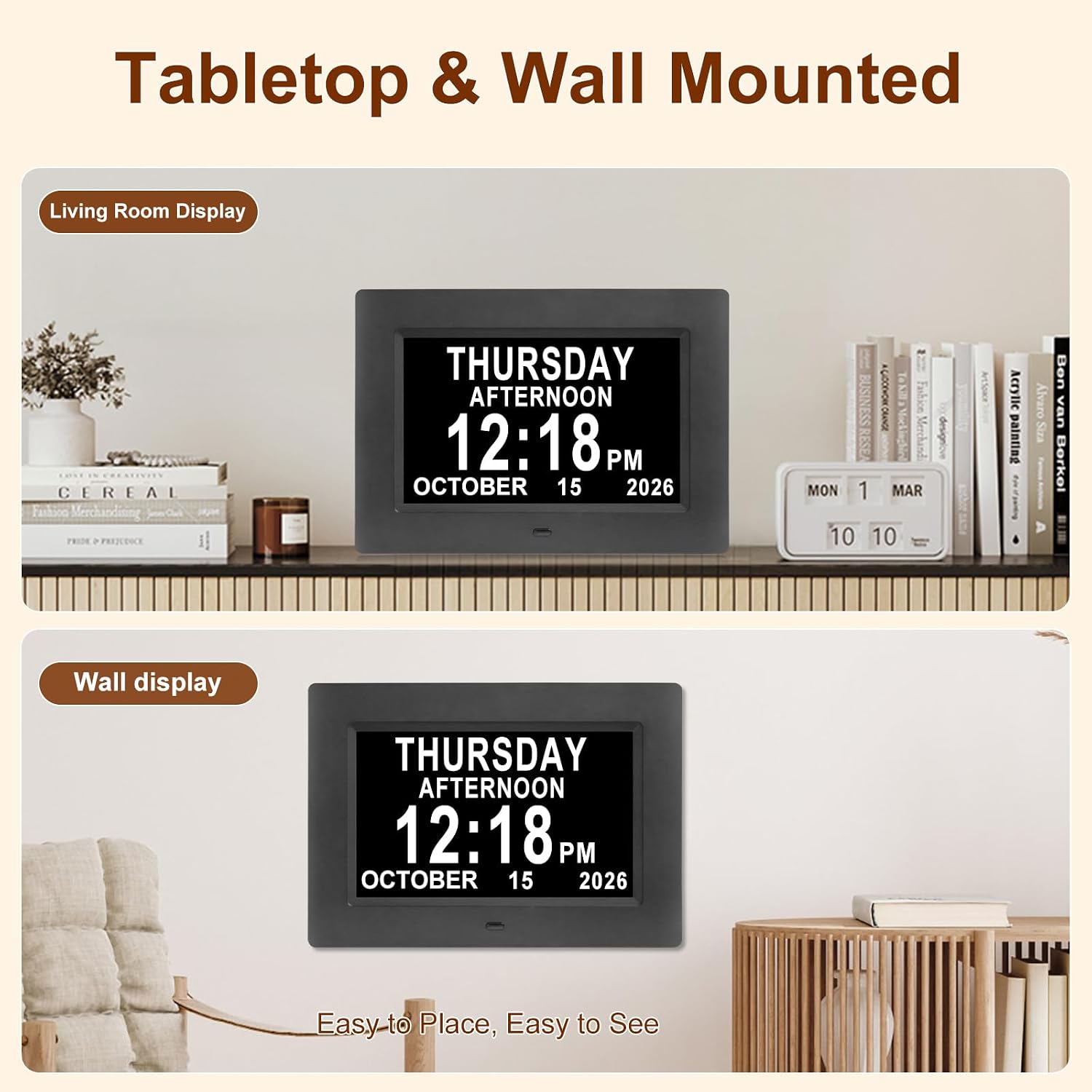 Aldernest Dementia Clock, Digital Clock with Date and Day for Elderly Use, 0.44 kg, 7 Inch, Black