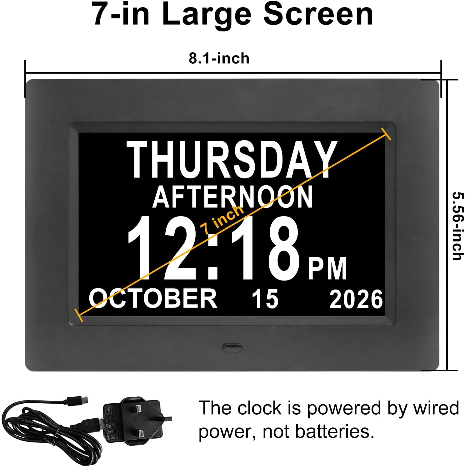 Aldernest Dementia Clock, Digital Clock with Date and Day for Elderly Use, 0.44 kg, 7 Inch, Black