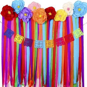 Ashenby 16 Pcs Mexican Paper Flowers Picado Banner Backdrop, Classic Style, 12.96 ounces