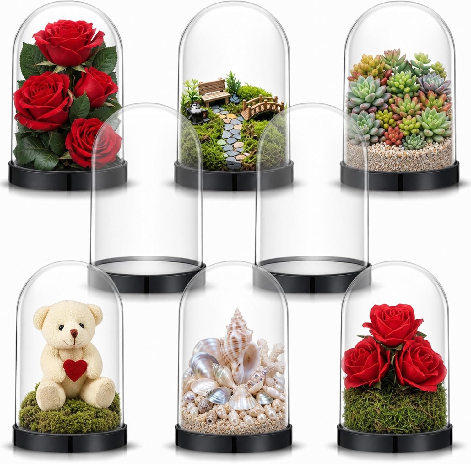 Aldernest 12 Pcs Plastic Dome with Base Cloche for Craft Clear Display Case, 2.5 pounds, black and clear