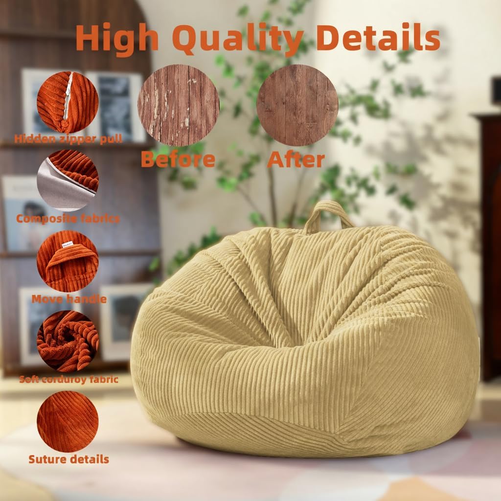 Aldernest Stuffed Animal Storage Bean Bag Chair Cover, Corduroy Kids Sofa, Kids (Cover Only), Camel Khaki, 3 Count