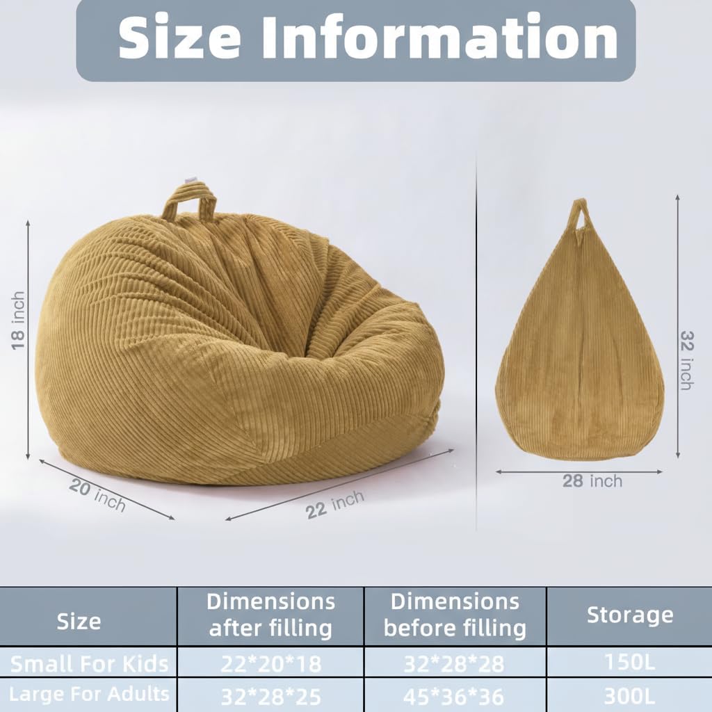 Aldernest Stuffed Animal Storage Bean Bag Chair Cover, Corduroy Kids Sofa, Kids (Cover Only), Camel Khaki, 3 Count
