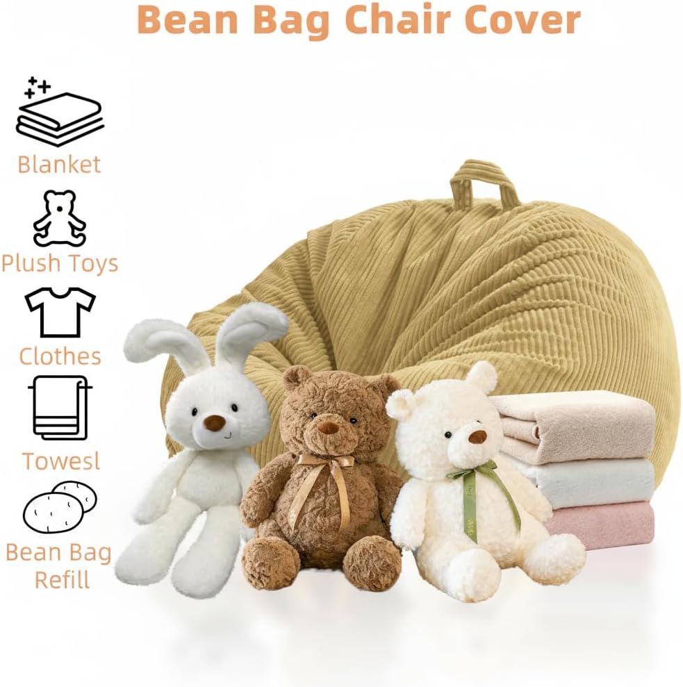 Aldernest Stuffed Animal Storage Bean Bag Chair Cover, Corduroy Kids Sofa, Kids (Cover Only), Camel Khaki, 3 Count