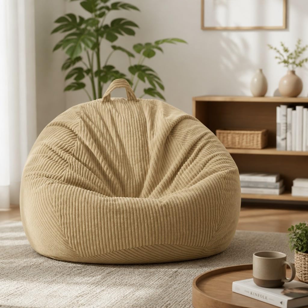 Aldernest Stuffed Animal Storage Bean Bag Chair Cover, Corduroy Kids Sofa, Kids (Cover Only), Camel Khaki, 3 Count