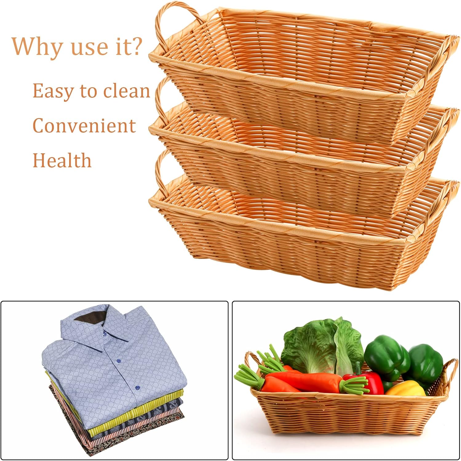 Ashenby 6 Pcs Poly Wicker Bread Basket with Handle, Orange