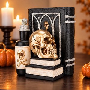 Barleyfield Halloween Skull Figurine, Gothic Book & Potion Bottle Indoor Tabletop Decor, 0.84 kg, 7.4 inches(H)x4.3 inches(W)x6 inches(L), Black