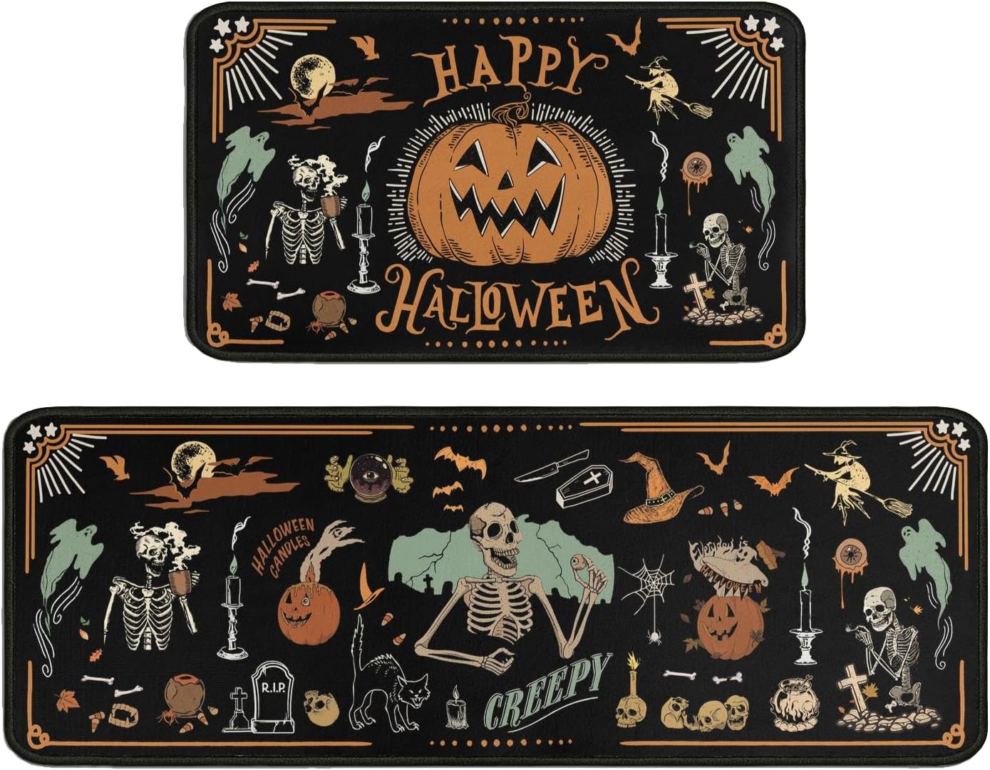 Aldernest Vintage Halloween Kitchen Rugs and Mats Set of 2, 0.9 kg, 17x30+17x47 Inch