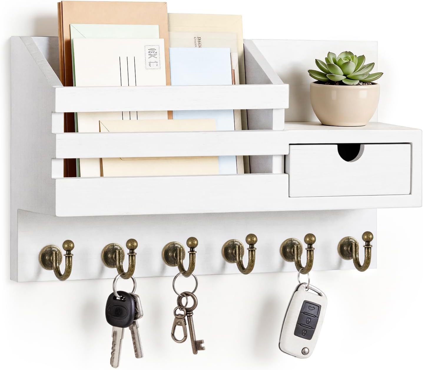 CozyWick Key and Mail Holder Wall Mount with Drawer and 6 Sturdy Hooks, 16 ounces, A-White