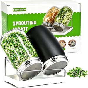 Aldernest Premium Sprouting Jar Kit 2-Wide Mouth Mason Jars with Mesh Sprout Lids, Large, Green
