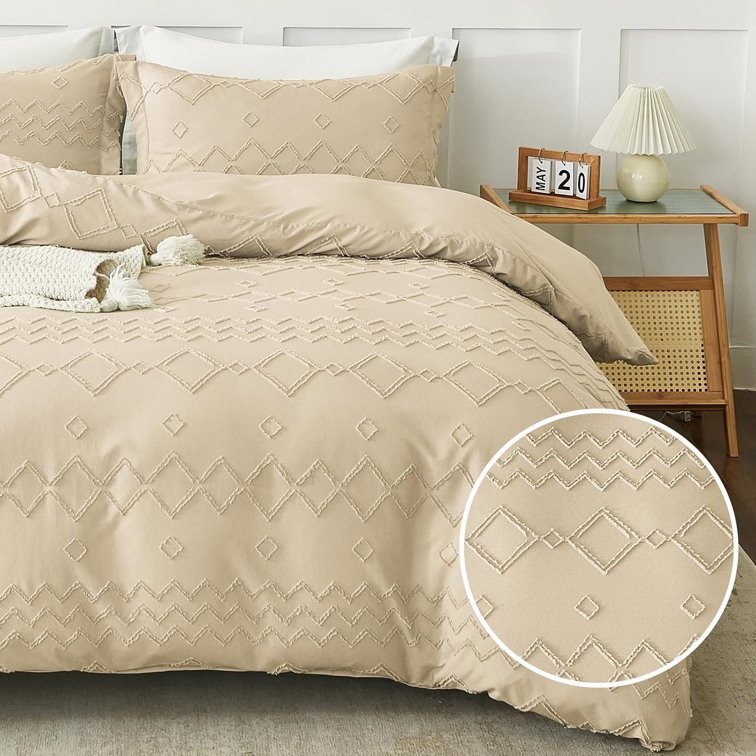 Aldernest Boho Duvet Cover Set - Tufted Comforter Set with Boho Embroidery, Twin(68"×90"), 2 Set
