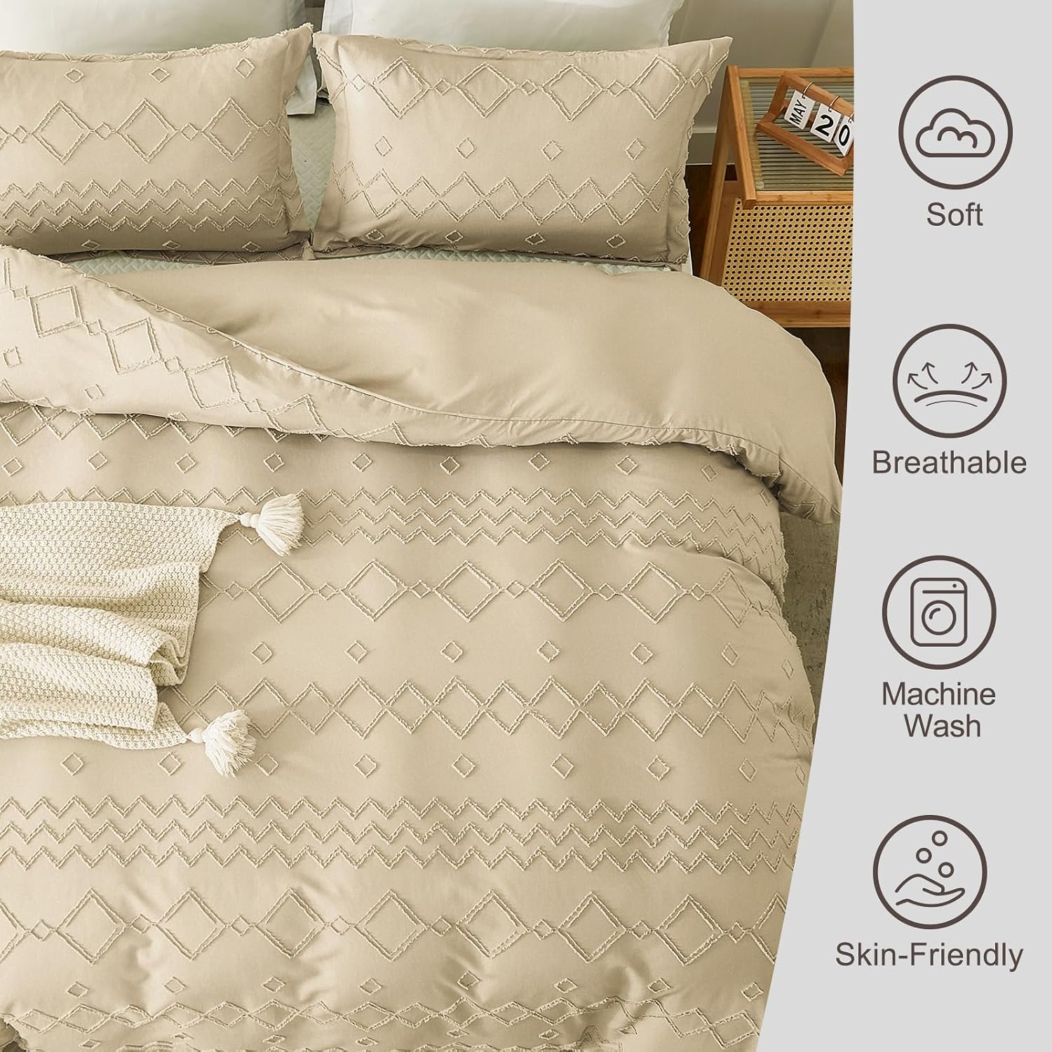 Aldernest Boho Duvet Cover Set - Tufted Comforter Set with Boho Embroidery, Twin(68"×90"), 2 Set