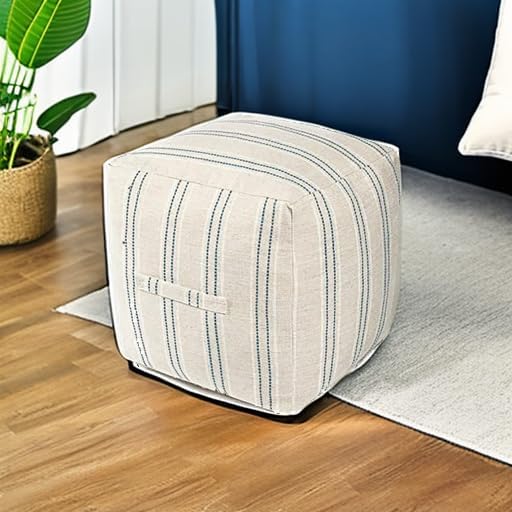 Aldernest Unstuffed Farmhouse Pouf Cover for Living Room, Boho Storage Bean Bag Cubes, 18"D x 18"W x 18"H, Navy