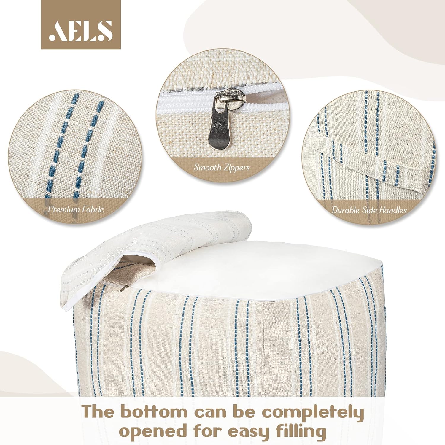 Aldernest Unstuffed Farmhouse Pouf Cover for Living Room, Boho Storage Bean Bag Cubes, 18"D x 18"W x 18"H, Navy