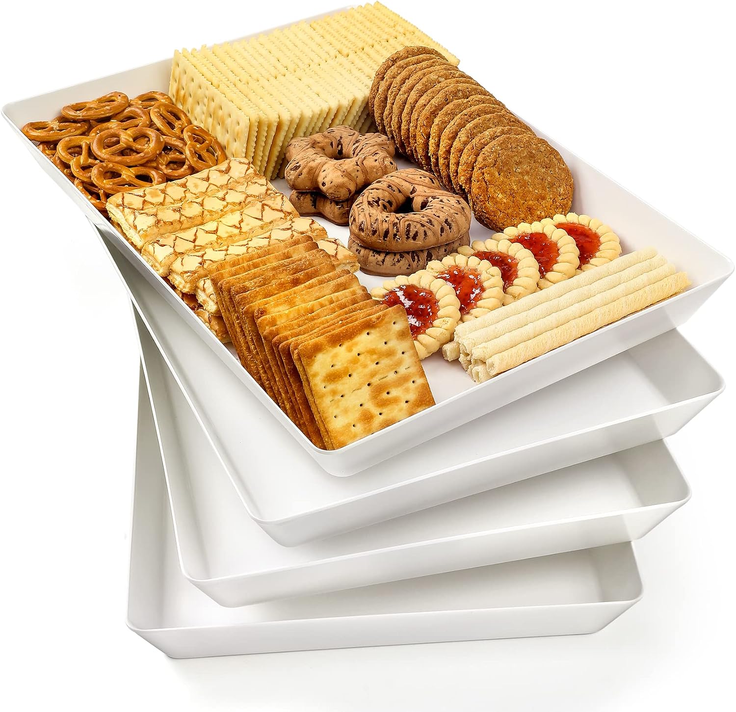Ashenby 4-Pack Plastic 16" x 11" Large White Serving Trays Set - Reusable Serving Platters for Cookie, Appetizer, Charcuterie, Snack, Dessert