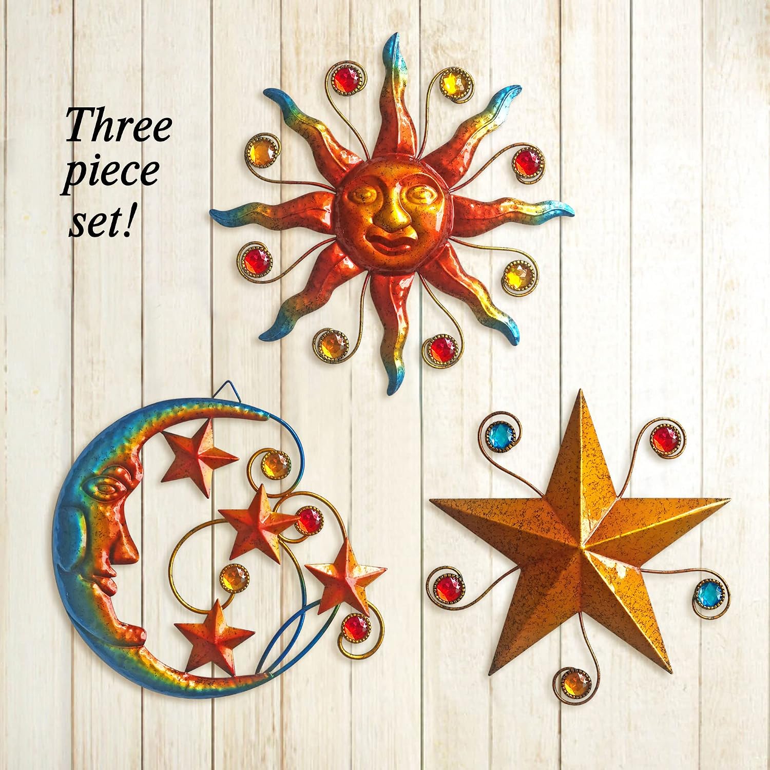 Tanglewick Metal un Moon Star Wall Decor, Wall Decor Hanging, Celestial decor, 9.12 ounces, 9 x 9 inches, 8.75 x 8.5 inches, 7.5 x 7.75 inches