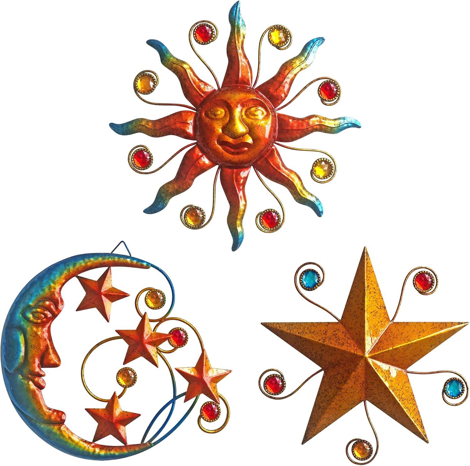 Tanglewick Metal un Moon Star Wall Decor, Wall Decor Hanging, Celestial decor, 9.12 ounces, 9 x 9 inches, 8.75 x 8.5 inches, 7.5 x 7.75 inches