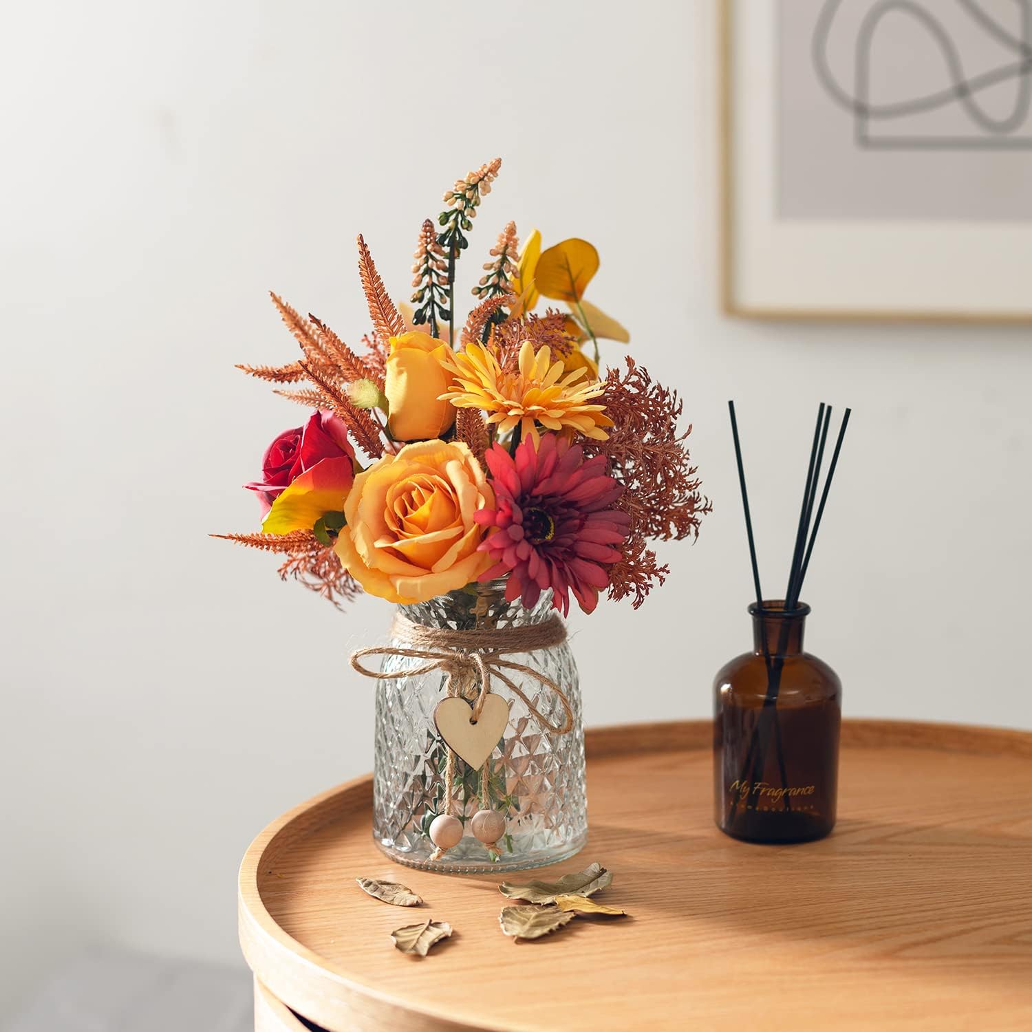 Ashenby Artificial Flowers with Vase, Faux Silk Flowers Arrangement in Vase, 1.5 pounds, Autumn Red Yellow