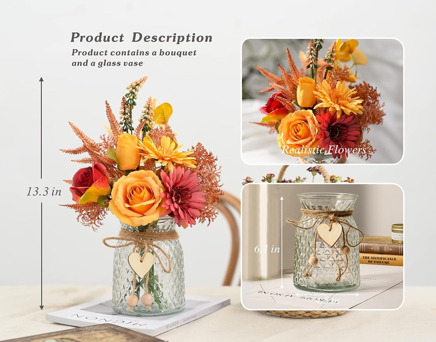 Ashenby Artificial Flowers with Vase, Faux Silk Flowers Arrangement in Vase, 1.5 pounds, Autumn Red Yellow