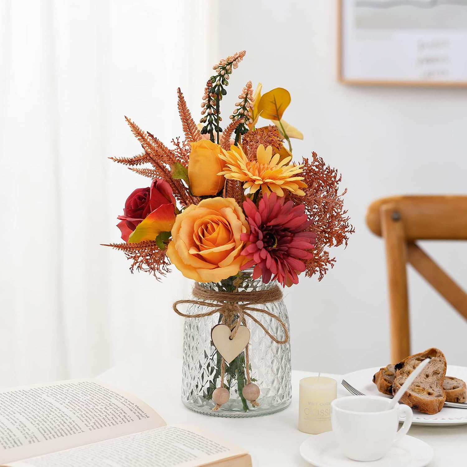 Ashenby Artificial Flowers with Vase, Faux Silk Flowers Arrangement in Vase, 1.5 pounds, Autumn Red Yellow