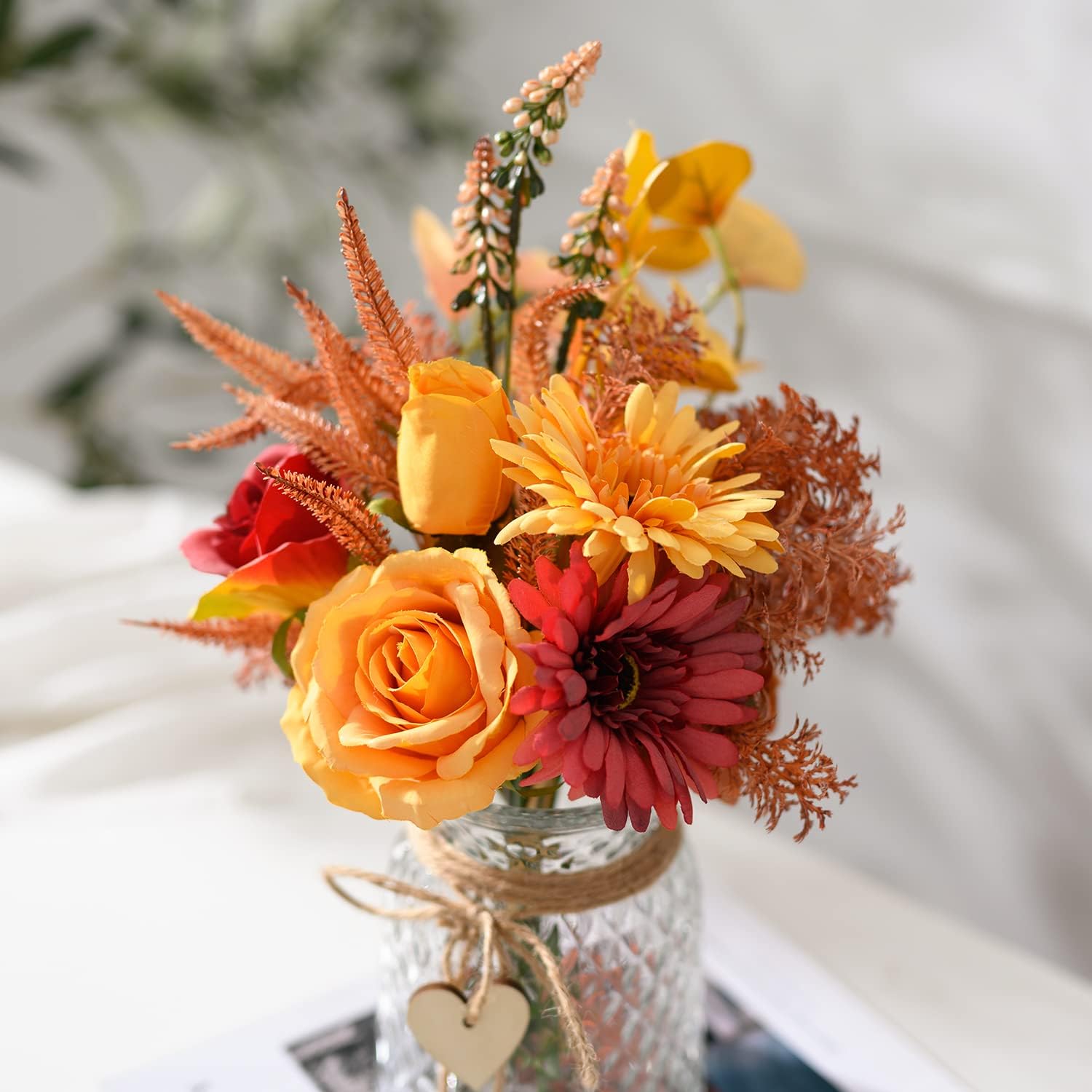 Ashenby Artificial Flowers with Vase, Faux Silk Flowers Arrangement in Vase, 1.5 pounds, Autumn Red Yellow
