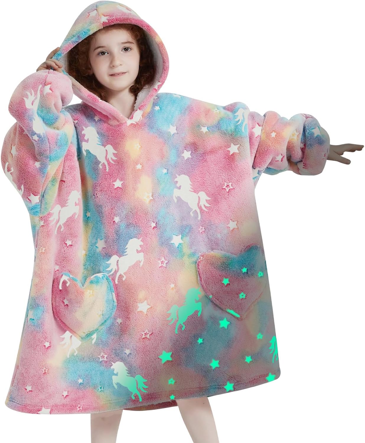 Aldernest Wearable Blanket Hoodie for Kids Oversized Sherpa Blanket Hoodie for Kids Boys Girls Teens 6-13YR,Glow in The Dark Rainbow Unicorns