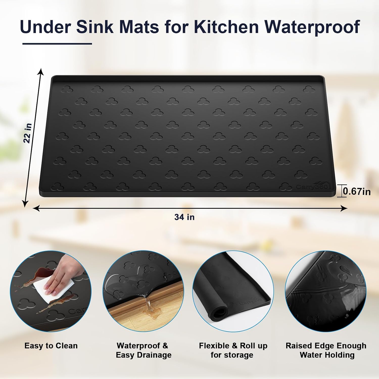 Aldernest Under Sink Mat 34" x 22" Waterproof Kitchen Cabinet Mat, Black, 2.9 Square Feet