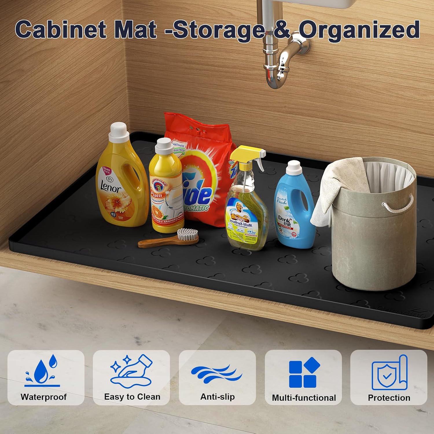 Aldernest Under Sink Mat 34" x 22" Waterproof Kitchen Cabinet Mat, Black, 2.9 Square Feet