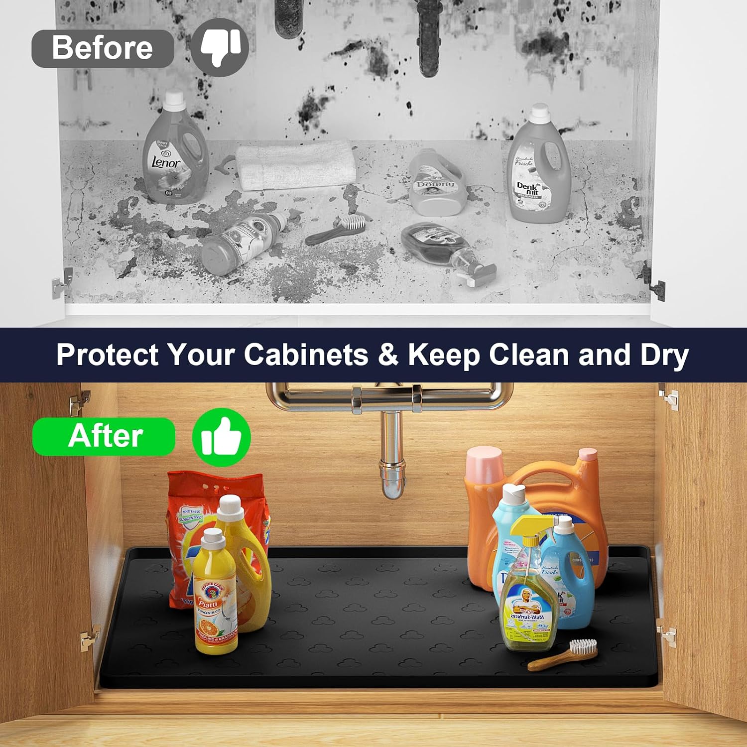 Aldernest Under Sink Mat 34" x 22" Waterproof Kitchen Cabinet Mat, Black, 2.9 Square Feet