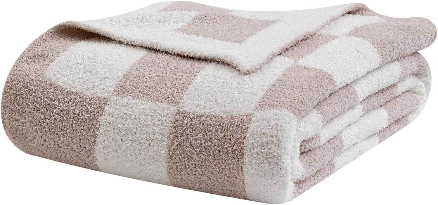 Barleyfield Fuzzy Checkerboard Grid Throw Blanket Soft Cozy Warm Microfiber All Season Blanket Decor for Couch Sofa Bed Travel Home, 1.22 kg, Cream