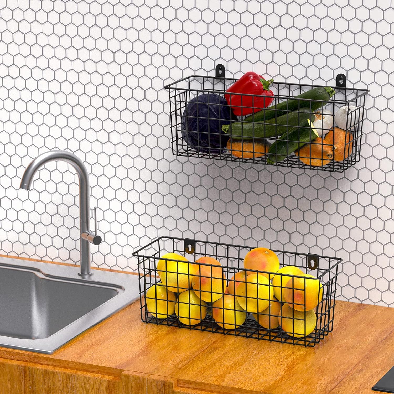 Barleyfield Wire Basket 2-Pack Hanging Wall Organizer Cabinet Storage Basket Wall Mounted Shelves Rustic Farmhouse Decor for Home Kitchen Bathroom