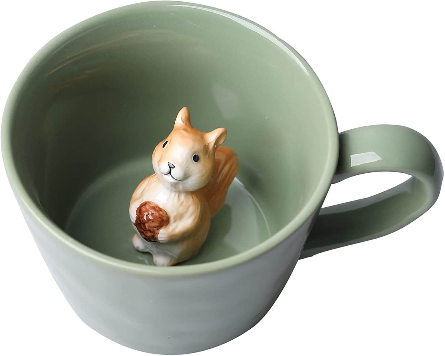 Aldernest Squirrel Ceramic Cup Hidden 3D Animal Inside Mug, 14.88 ounces, 12 Ounces, Light Green
