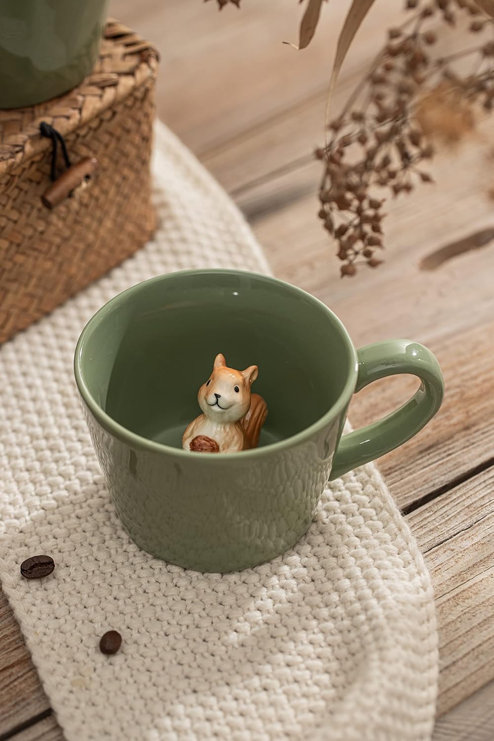 Aldernest Squirrel Ceramic Cup Hidden 3D Animal Inside Mug, 14.88 ounces, 12 Ounces, Light Green
