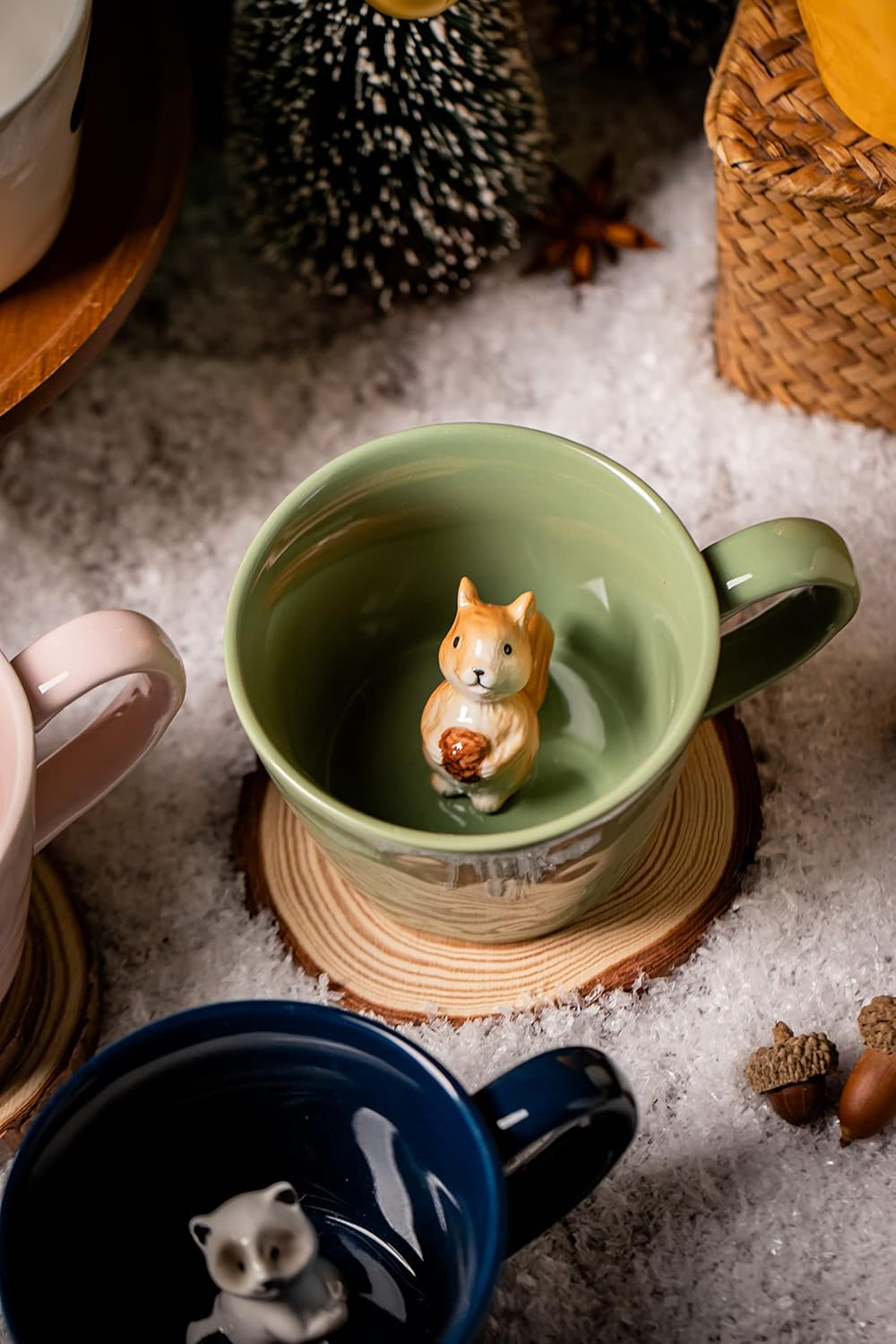 Aldernest Squirrel Ceramic Cup Hidden 3D Animal Inside Mug, 14.88 ounces, 12 Ounces, Light Green