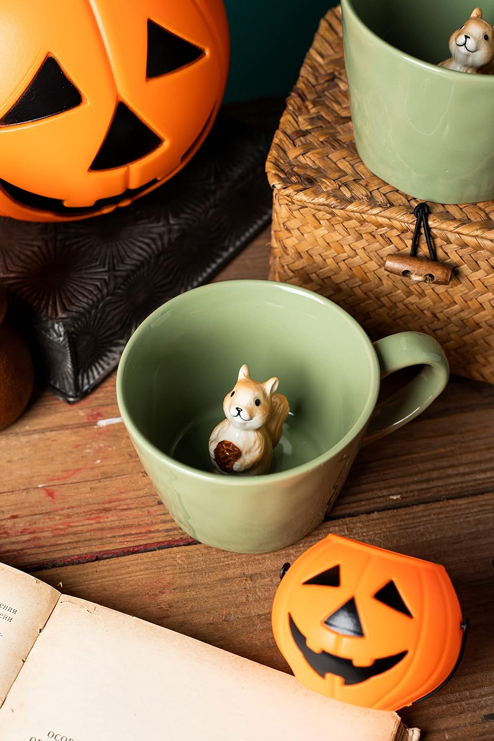 Aldernest Squirrel Ceramic Cup Hidden 3D Animal Inside Mug, 14.88 ounces, 12 Ounces, Light Green