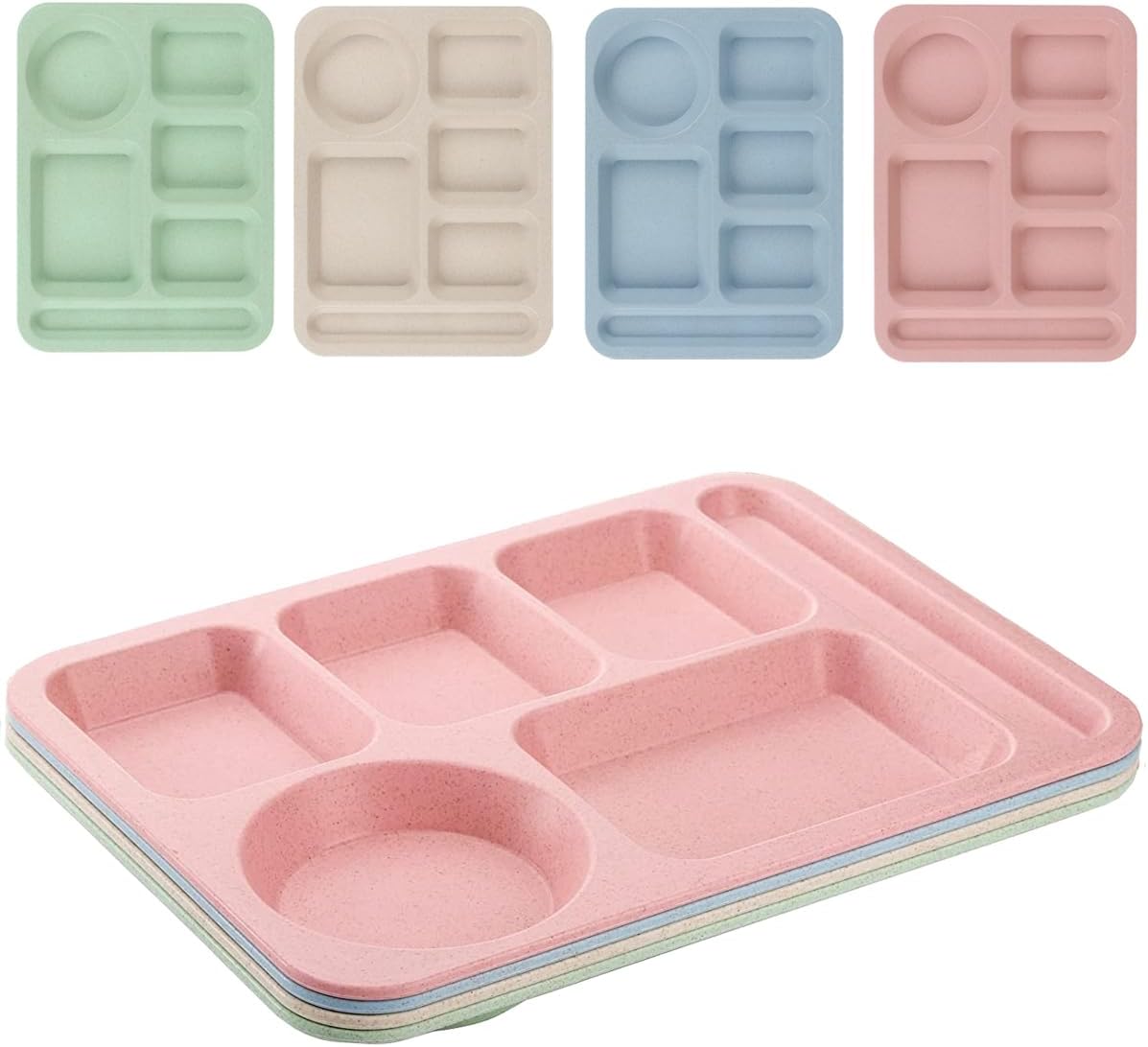 Birchmont 4Pcs Unbreakable Divided Plate, 14inch Reusable Plastic Lunch Trays With 6 Compartments, 241 g