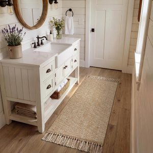 Aldernest Bathroom Runner Rug, 2' x 5' Modern Farmhouse Kitchen Rugs, 1.9 pounds, Tan/Cream