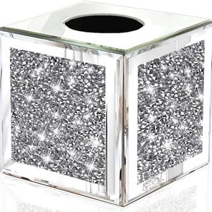 Barleyfield Square Mirrored Tissue Box Cover, Crystal Crushed Diamond Tissue Box, 2.1 pounds, Silver Diamond