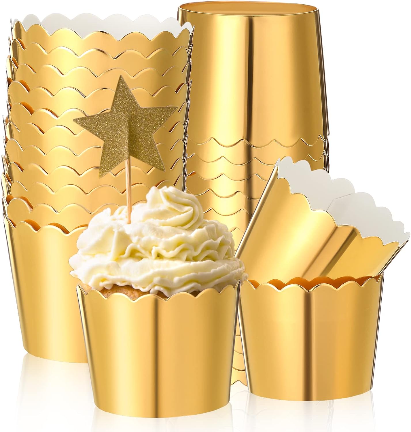 Aldernest 100 Pcs Foil Cupcake Liners Baking Cups Christmas Wedding, Gold, Top diameter: 2.28 inches