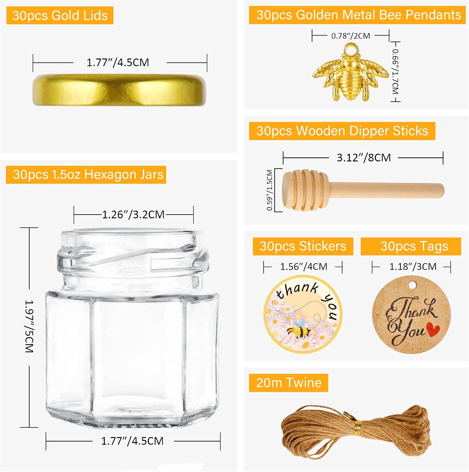 Lintonhome Mini Glass Honey jars-1.5 oz, 30 pcs Hexagon Honey Jars with Wooden Dipper