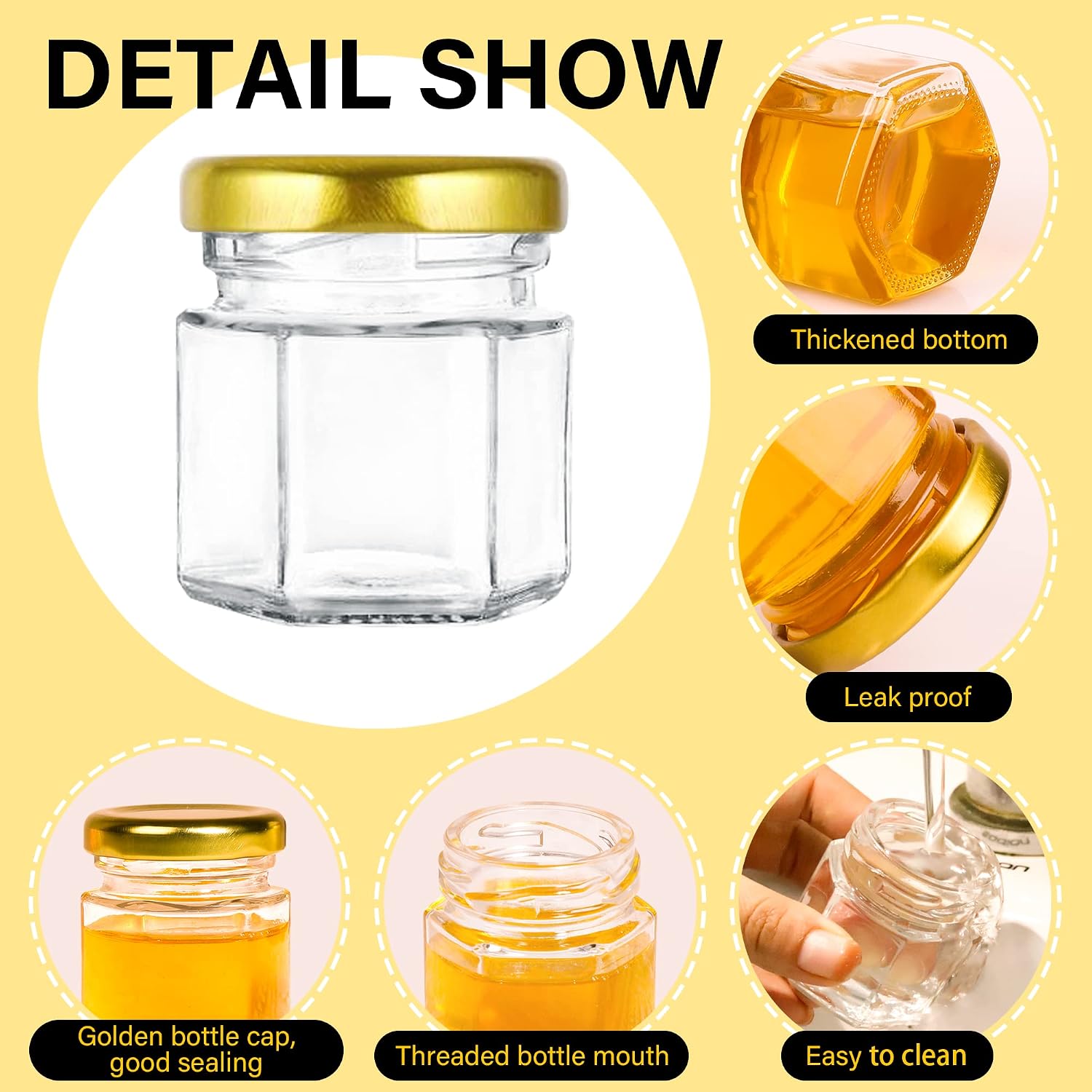 Lintonhome Mini Glass Honey jars-1.5 oz, 30 pcs Hexagon Honey Jars with Wooden Dipper