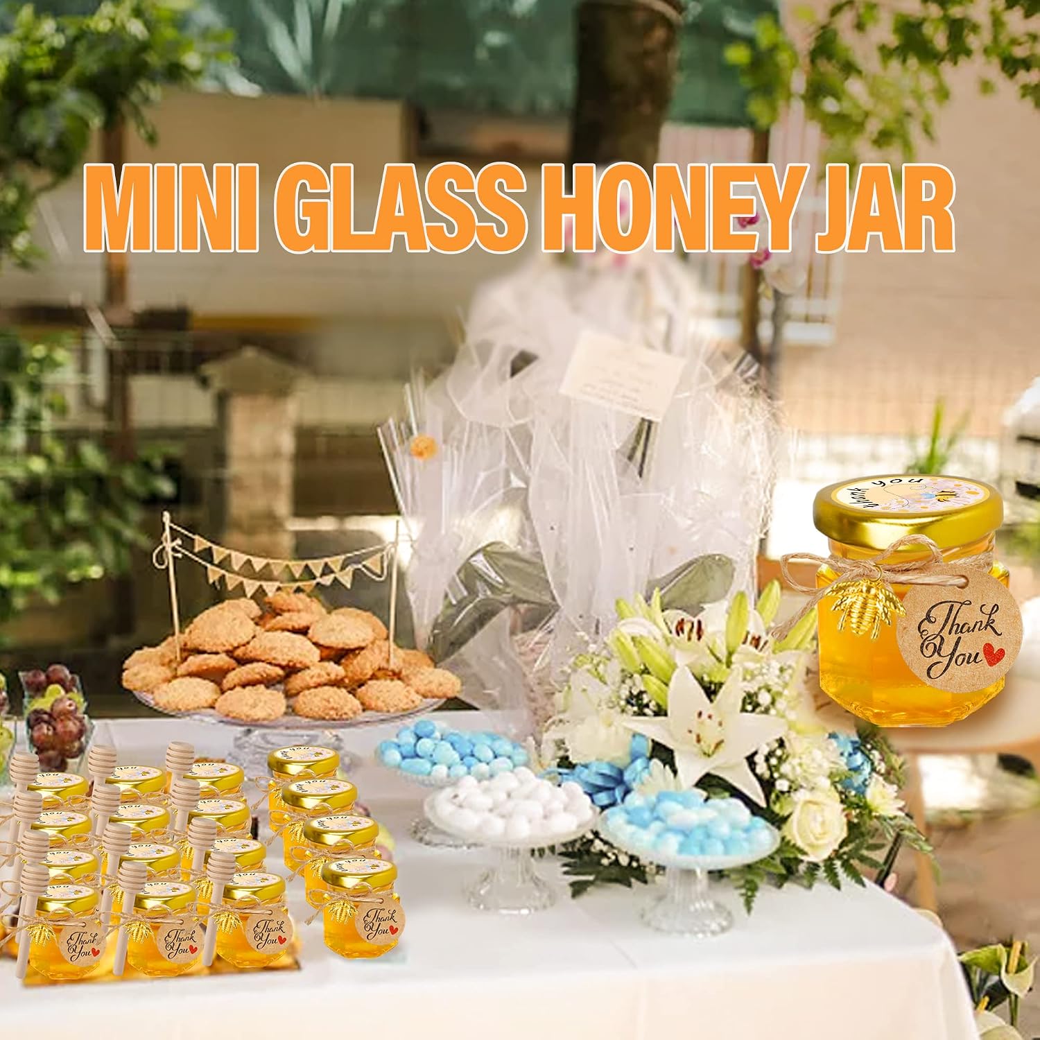 Lintonhome Mini Glass Honey jars-1.5 oz, 30 pcs Hexagon Honey Jars with Wooden Dipper