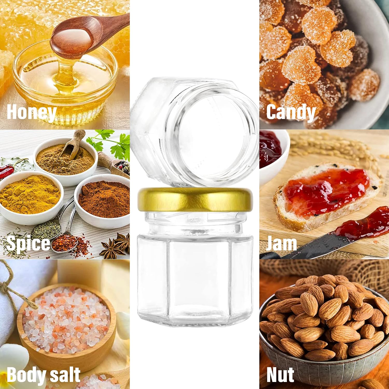 Lintonhome Mini Glass Honey jars-1.5 oz, 30 pcs Hexagon Honey Jars with Wooden Dipper