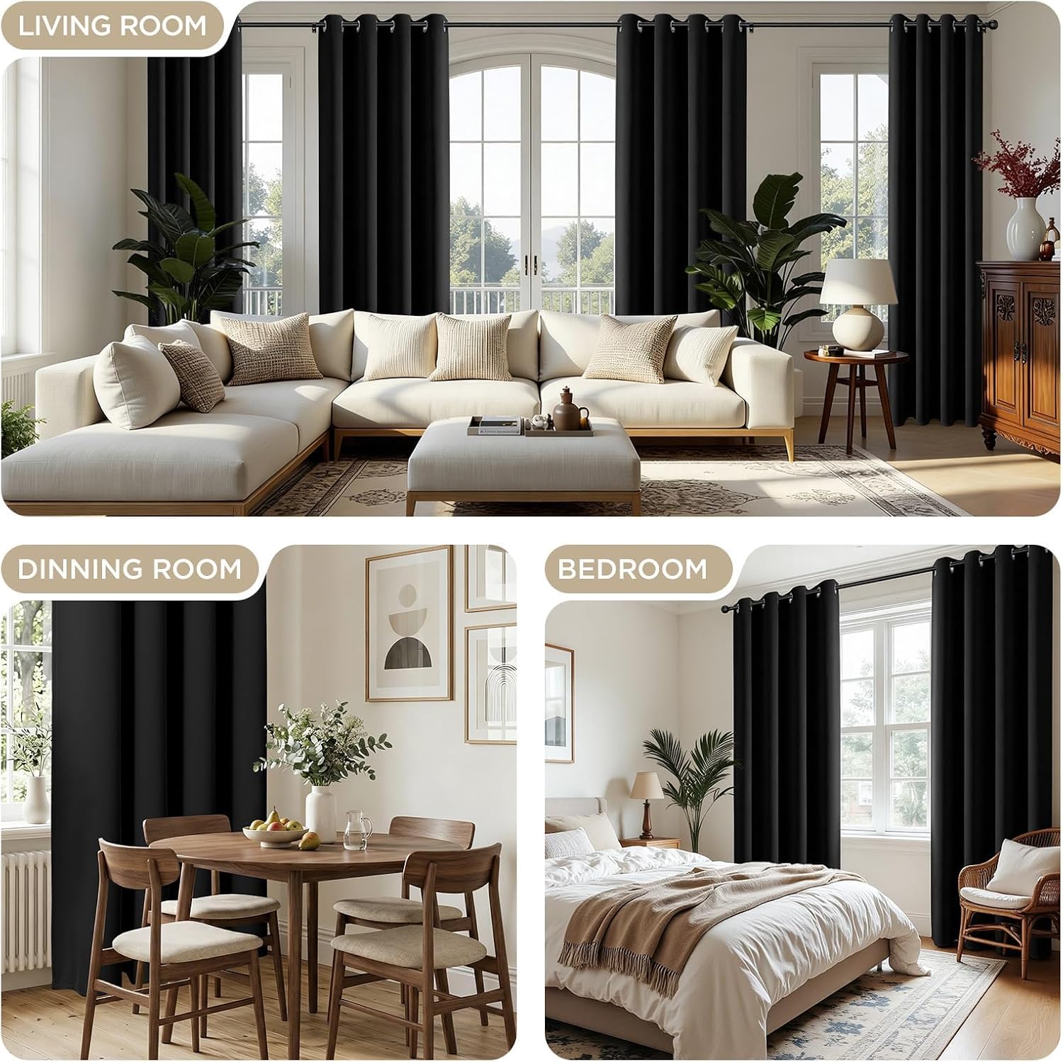 Birchmont Black Blackout Curtains 72 Inches Long, 3.1 pounds, 52"W x 72"L (Pack of 2)