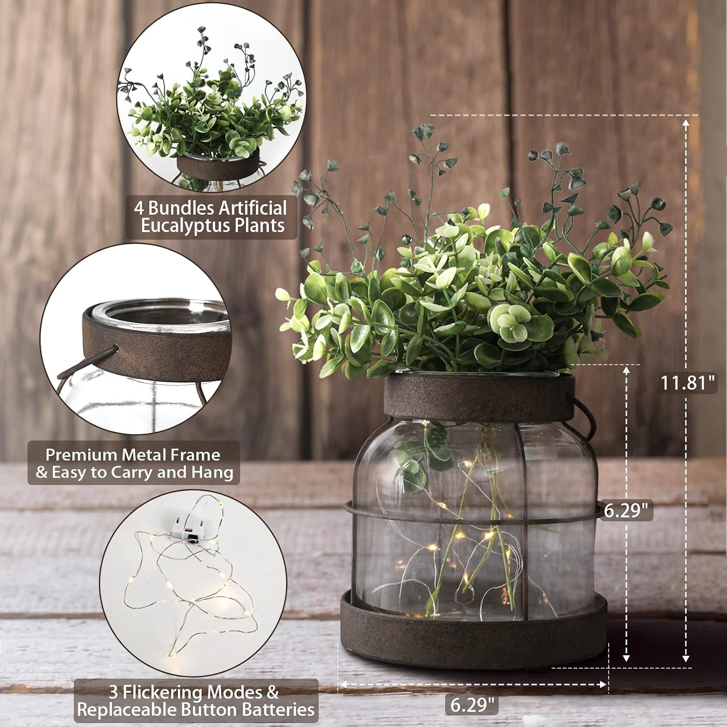 Aldernest Vintage Glass Farmhouse Vase Rustic Lantern Decor with Plants Lights, 2.3 pounds, Rustic Vase+greenery+light